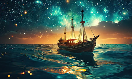 Sailing ship in the sea with starry sky. 3d renderの素材