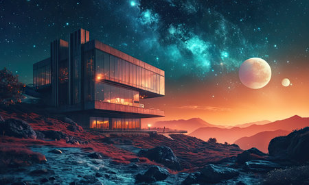 Modern house on the hill against the background of the night sky. 3d renderingの素材