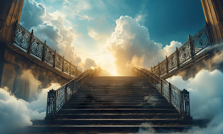 Conceptual image of stairs leading up to heaven with clouds.の素材