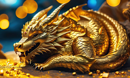 Golden dragon statue with bokeh background. Chinese New Year concept.の素材