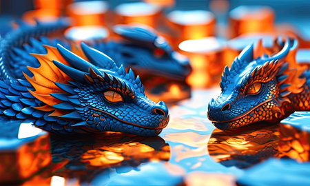 Chinese dragon with candles on a blue background. 3D illustration.の素材