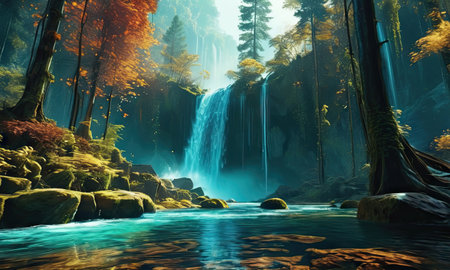 Digital painting of a waterfall in the forest. Digital painting effect.の素材
