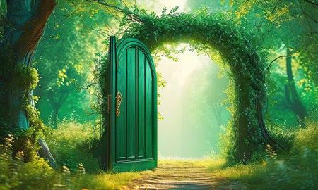 Green door in the forest with green leaves. 3D rendering.の素材