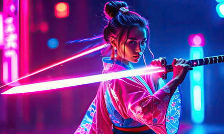 Beautiful asian woman with katana sword in neon light.の素材