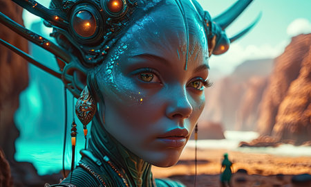 Portrait of a female robot in the desert. 3d renderingの素材