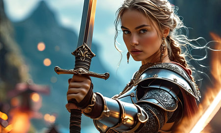 Warrior woman in armor with sword in her hands. Fantasy medieval girl in armor.の素材