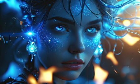 3d rendering of a woman with futuristic hairstyle and blue eyesの素材