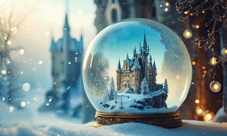 Snow globe with fairy tale castle on snowy background. Fairy tale conceptの素材