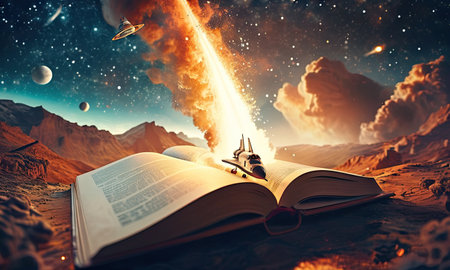 Open book with flying spaceship on background. Fantasy and imagination concept. 3D Renderingの素材