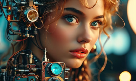 Close-up portrait of a beautiful young girl with professional camera.の素材