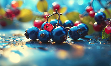 bunch of blue and red berries on blue background with water dropsの素材