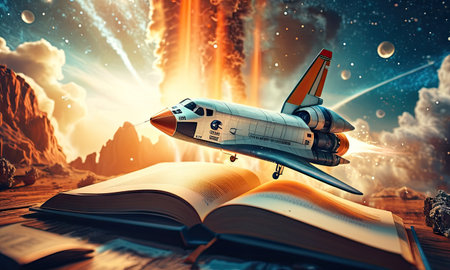 Space shuttle flying over open book. 3d illustration. Fantasy.の素材