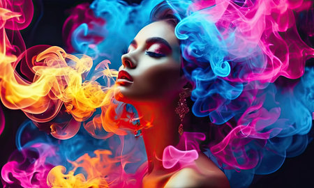 Fashion shot of a beautiful woman with bright make-up and smoke in her hair.の素材