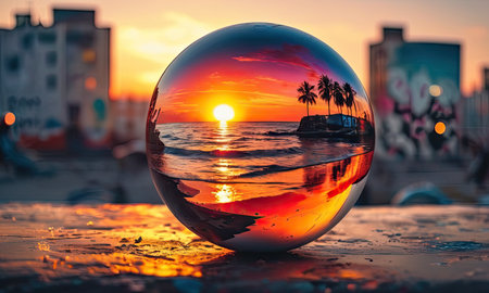 Reflection of the sunset in a crystal ball on the beach.の素材