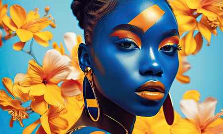 3d illustration of a beautiful african american woman with yellow flowersの素材