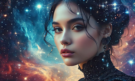 Portrait of a beautiful young woman in space. Fantasy art.の素材