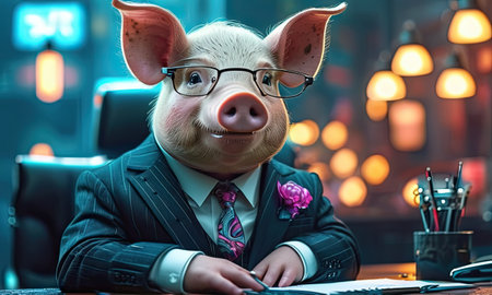Portrait of a pig in a business suit and glasses at the table.の素材