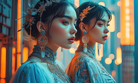 Two beautiful asian women in traditional costume posing in front of the mirrorの素材