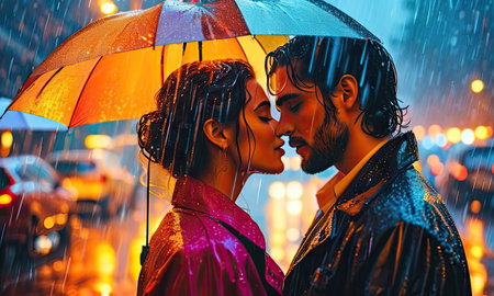 Young couple kissing under an umbrella in the rain on a rainy day.の素材