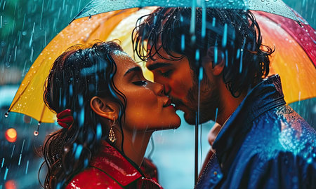 Beautiful couple kissing under an umbrella in the rain on rainy dayの素材