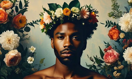 Portrait of a handsome african american man in a wreath of flowersの素材