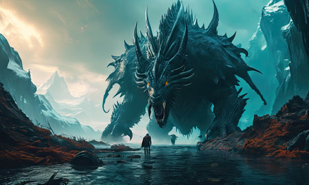 Fantasy alien planet and dragon. 3D illustration. Fantasy world.の素材