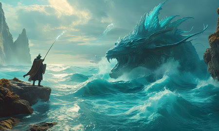 Fantasy landscape with ancient warrior in the sea. 3d illustrationの素材