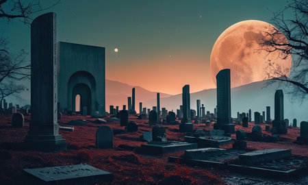 Grave in the cemetery at night with full moon. 3d renderingの素材