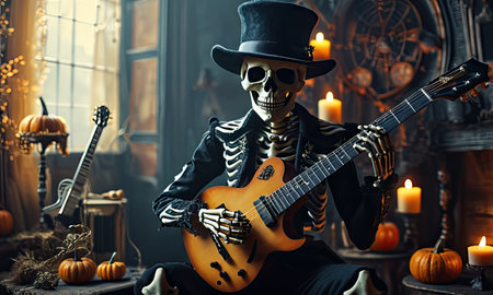 Halloween skeleton playing guitar. Halloween concept. 3D Renderingの素材