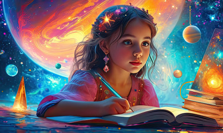 Cute little girl reading a book in the universe with planets and starsの素材