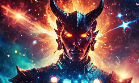 Cyborg with horns on a dark background. 3d rendering.の素材