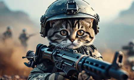 A cat in a military helmet with a machine gun on the battlefieldの素材