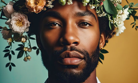 young african american man in floral wreath looking at camera isolated on yellowの素材
