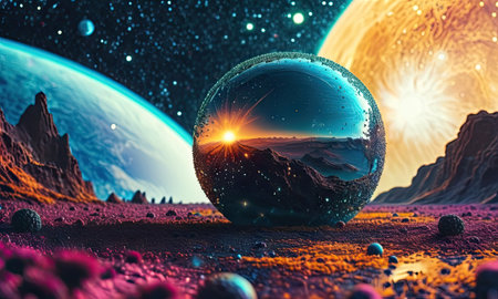 Fantasy landscape with planet and moon. 3d illustration. Elements of this image furnished by NASAの素材