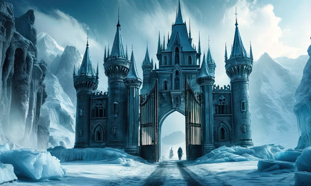 Fantasy landscape with fantasy castle and frozen lake. 3d renderingの素材