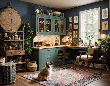 Luxury living room interior with vintage furniture and a dog.の素材
