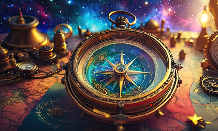 Compass on the background of the night sky. 3D illustration.の素材
