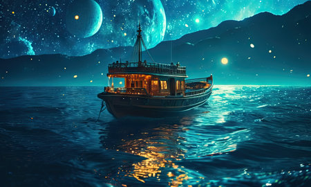 Fantasy fantasy landscape with ship and moon. 3d illustration.の素材