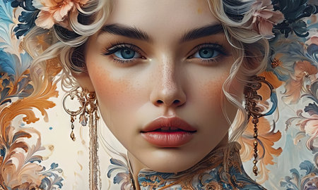 Portrait of a beautiful girl with blue eyes and wavy hairの素材