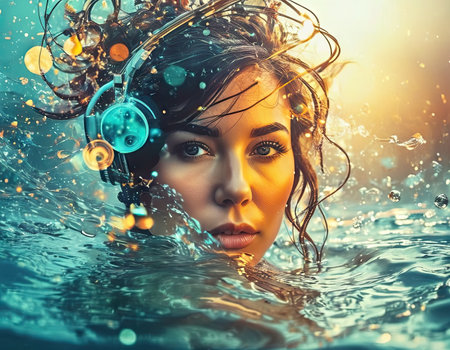 Fantasy portrait of a beautiful young woman in water. Art concept.の素材
