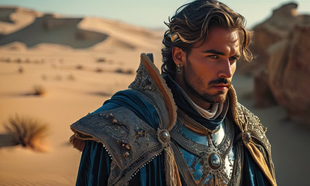 Portrait of a handsome medieval warrior in the desert. Men's beauty, fashion.の素材