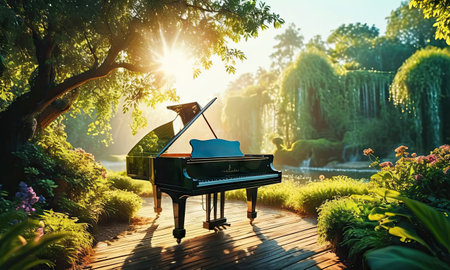 Grand piano in the garden with sunlight. 3d render illustration.の素材