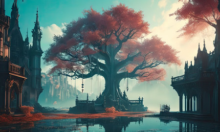 Fantasy landscape with old tree and castle. 3D illustration.の素材