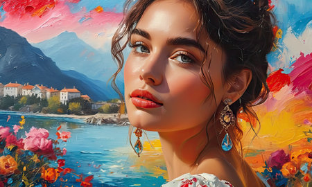 Portrait of a beautiful girl with bright make-up on the background of an oil painting.の素材