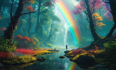 Fantasy landscape with a waterfall and rainbow in the forest. Digital painting.の素材