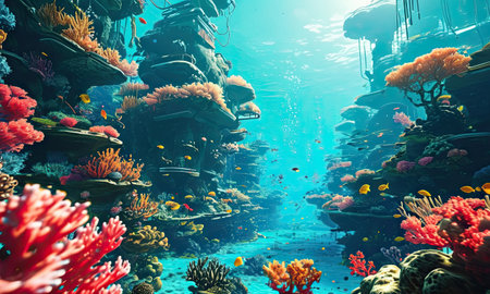 Underwater world with corals and tropical fish. 3d renderの素材