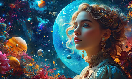 Beautiful young woman in fantasy landscape with planets, stars and galaxies.の素材