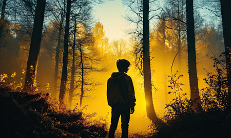 Silhouette of a young man standing in the forest at sunriseの素材