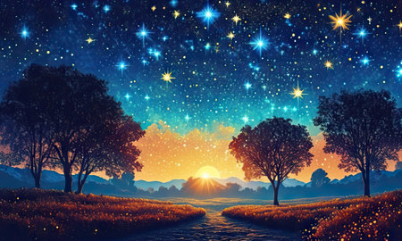 Night landscape with trees and starry sky. 3d illustration.の素材