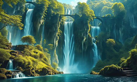 Waterfall in green forest, 3d rendering. Computer digital drawing.の素材